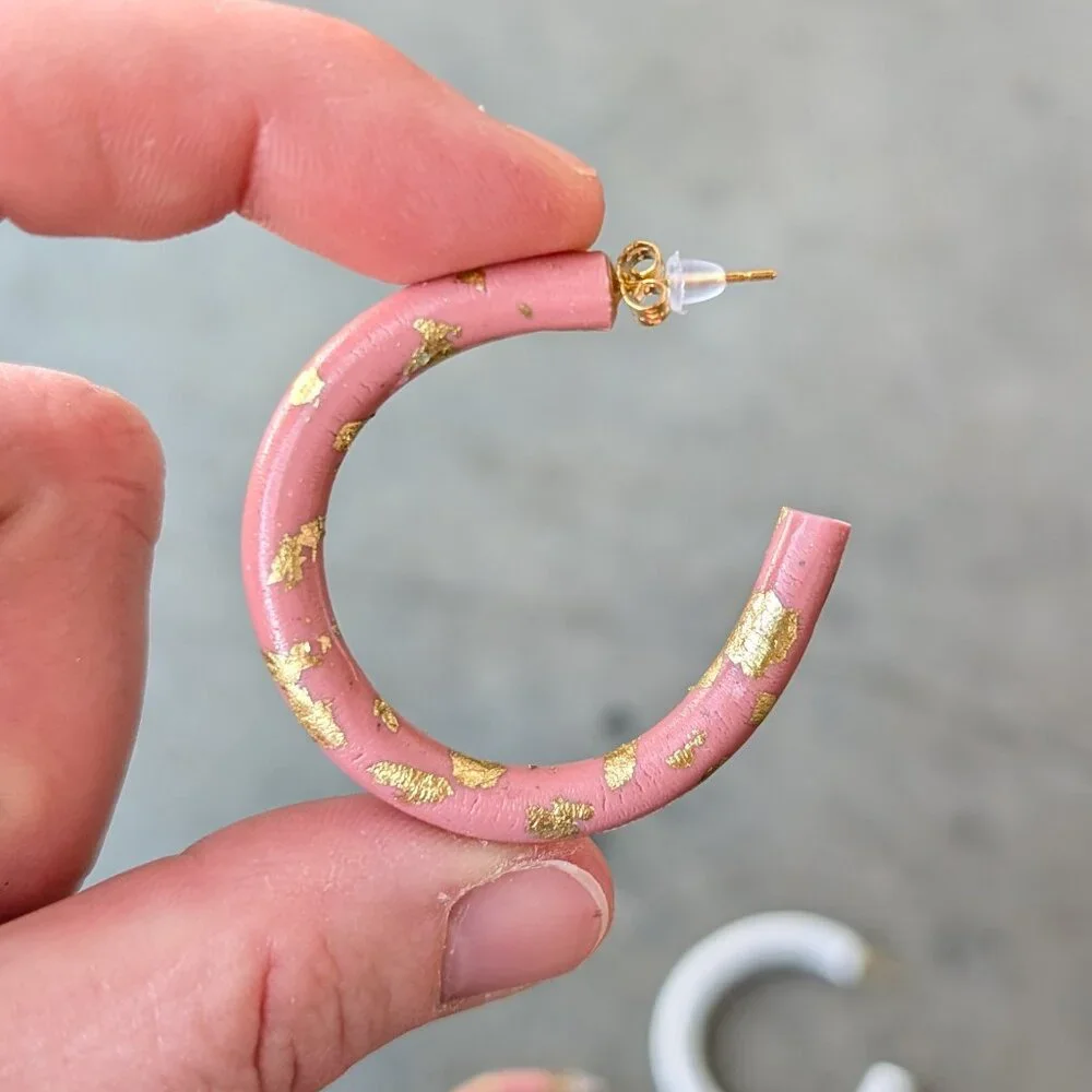 Handmade Pink and White Polymer Clay Hoop Earrings Set of Two NWOT